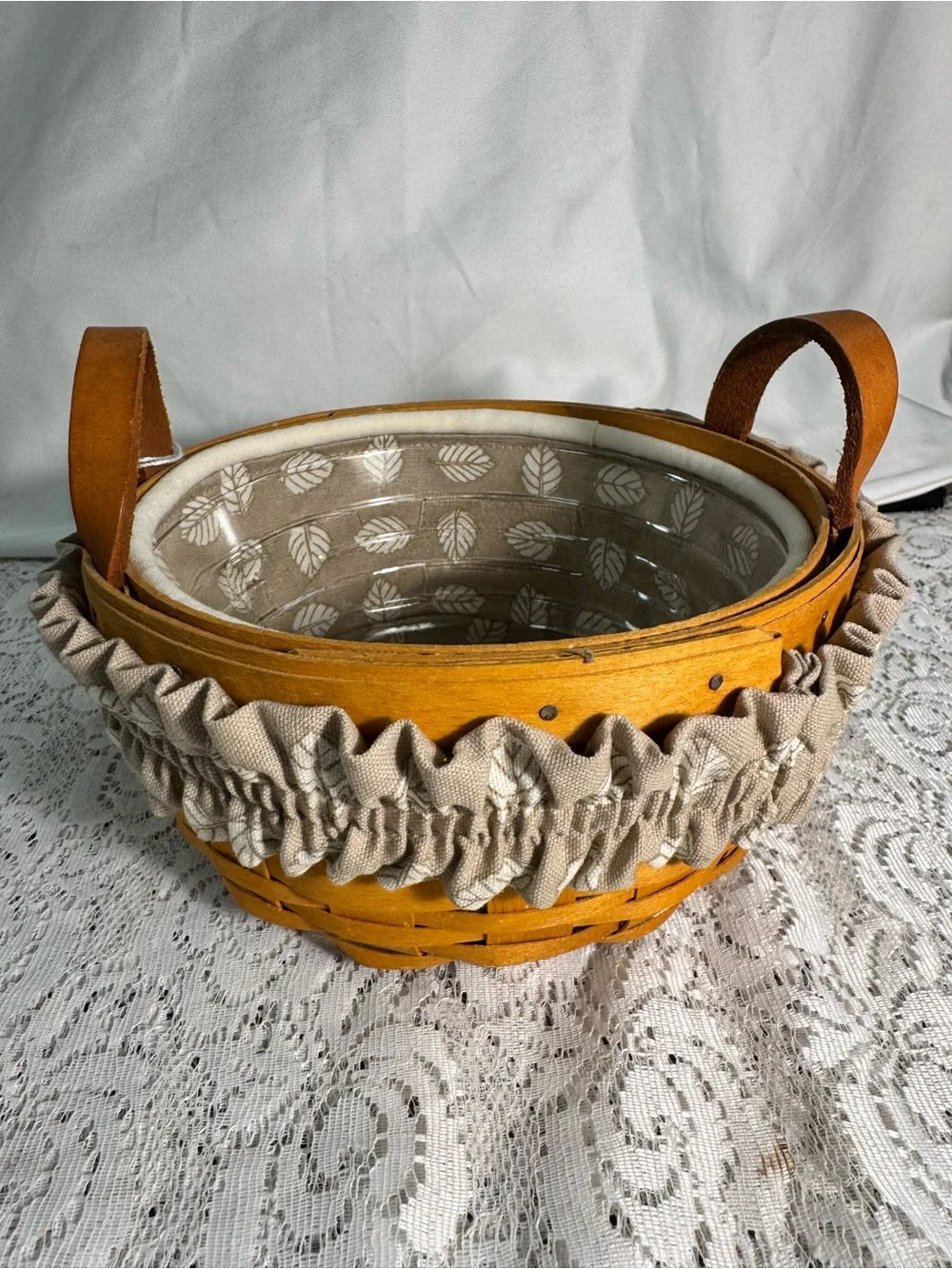 1997 Longaberger Round Woven Basket With Grey Botanical Liner and Plastic Liner